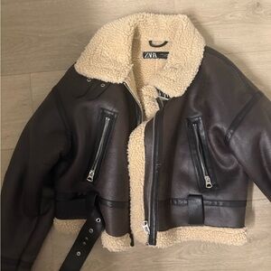 Zara Dark Brown Leather Jacket with Cream Shearling